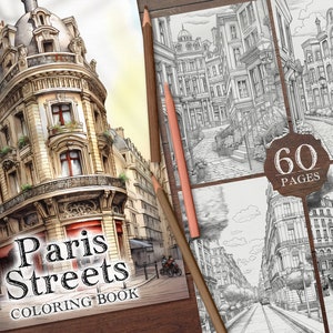 60 Paris Streets Digital Coloring Book, Cityscape Coloring Printable PDF, Parisian Architecture, Landmarks of Paris,French City Coloring PNG