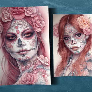 May include: Two digital illustrations of women with sugar skull makeup. Both women have pink and white flowers in their hair. The woman on the left has pink hair and the woman on the right has red hair.