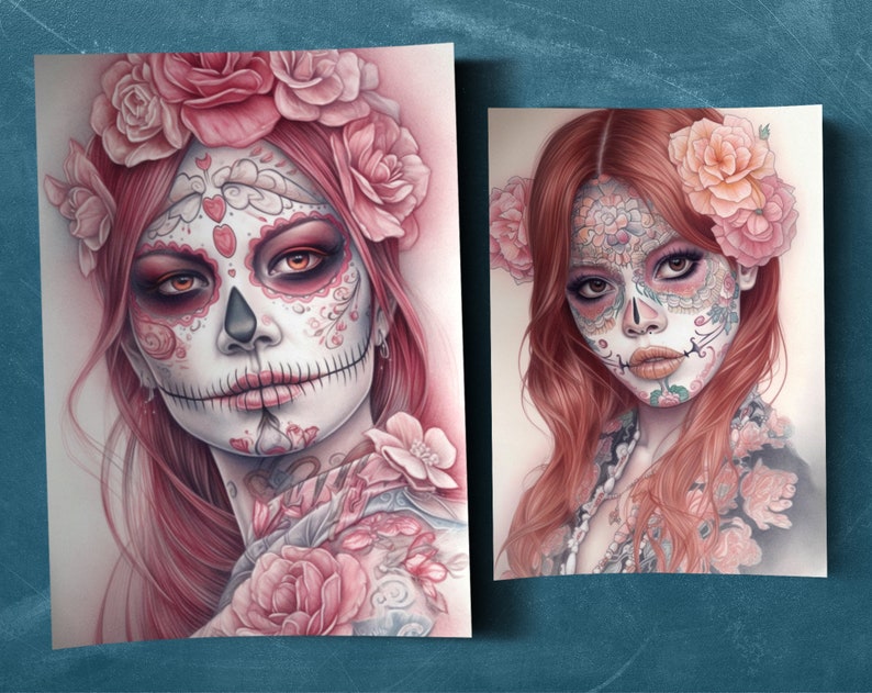 May include: Two digital illustrations of women with sugar skull makeup. Both women have pink and white flowers in their hair. The woman on the left has pink hair and the woman on the right has red hair.