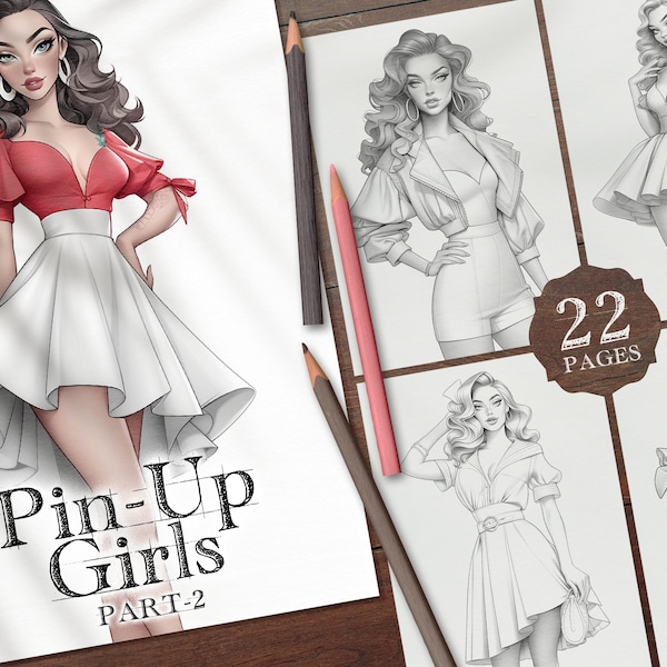 22 Pin-Up Girls Digital Coloring Book Part-2, Retro Women Coloring Pages, Pin-Up Fashion Models Style Girls Printable PDF, Coloring PNG