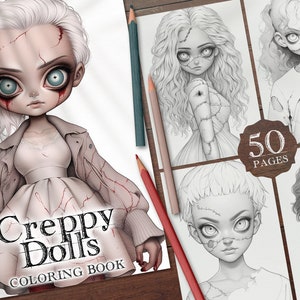 50 Creepy Dolls Digital Coloring Book, Halloween Girls Coloring Pages, Kawaii Creepy Girls Printable PDF, Horror Girls Coloring Sheet PNG