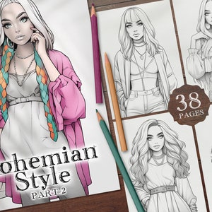 38 Bohemian Style Digital Coloring Book Part-2, Fashion Models Coloring Pages, Bohemian Women Coloring PNG, Beautiful Girls PDF