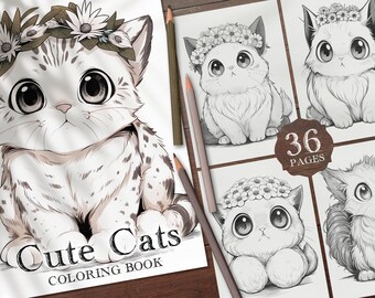 36 Cute Cats Digital Coloring Book, Kawaii Cats Coloring Pages, Kitty Animals Printable PDF, Kitten Cats Coloring PNG