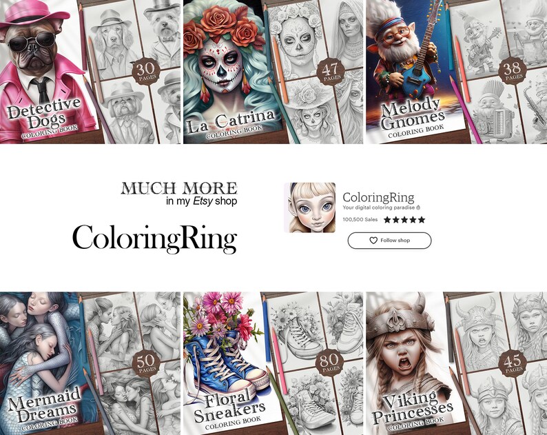 May include: A collection of digital coloring book covers featuring various themes, including detective dogs, La Catrina, gnomes, mermaids, floral sneakers, and Viking princesses. Each cover features a black and white illustration with the title and number of pages.