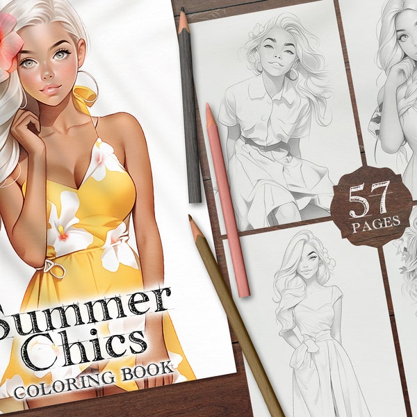 57 Summer Chics Digital Coloring Book, Fashion Dresses Coloring Pages, Beauties Girls Colouring Sheets, Woman Fashion Clothes Coloring PDF