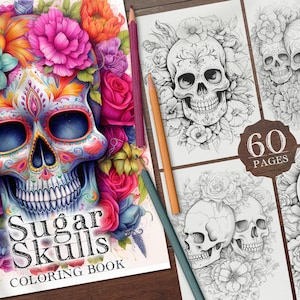 60 Sugar Skulls Digital Coloring Book, Mexican Skull Coloring Page, Floral Skull Coloring Printable PDF Sheet, Skull with Flowers Coloring