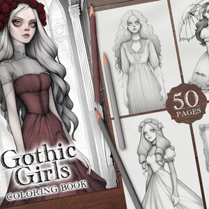 50 Libro para colorear digital de chicas góticas, Hermosas páginas para colorear de mujeres góticas de moda, Ropa gótica para colorear PNG, Chica gótica PDF imprimible