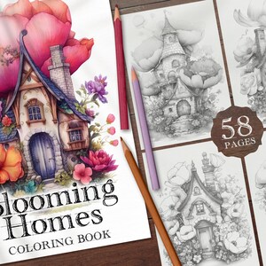 58 Blooming Fairy Homes Digital Coloring Book, Flower Fairy Houses Coloring Pages, Fairy House PNG, Fairy House Coloring Page Printable PDF