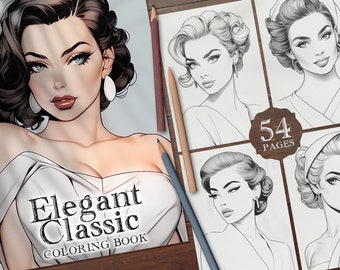 54 Girls Models with Classic Hairstyles Digital Coloring Book, Women timeless and elegant style Coloring Pages, 1950s Hairstyle PNG, PDF