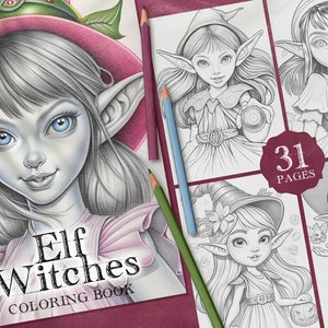 31 Elf Witches Coloring Book, Printable Coloring Page, Halloween Printable Coloring Page, Fantastic Cute Witch Coloring Pages for Print