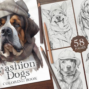 58 Fashion Dogs Digital Coloring Book, Dogs in Clothes Coloring Pages, Animals Coloring Printable PDF, Dog Dressed in Clothes Coloring PNG