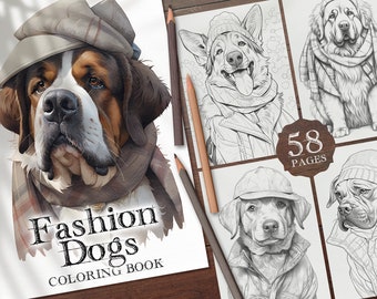 58 Fashion Dogs Digital Coloring Book, Dogs in Clothes Coloring Pages, Animals Coloring Printable PDF, Dog Dressed in Clothes Coloring PNG