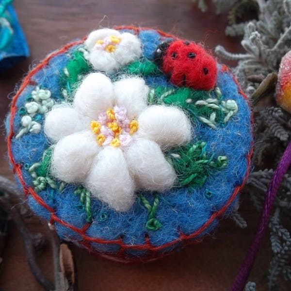 needle felted wool pincushion ladybird edelweiss easter pin floral felt japan art unique hand embroidered flower pin birthday gift