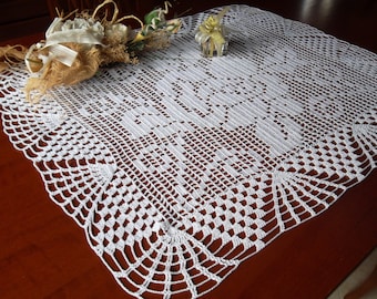 large crochet table runner, lace doily, rectangular tablecloth, white cotton placemat, religious decor, wedding, birthday easter gift