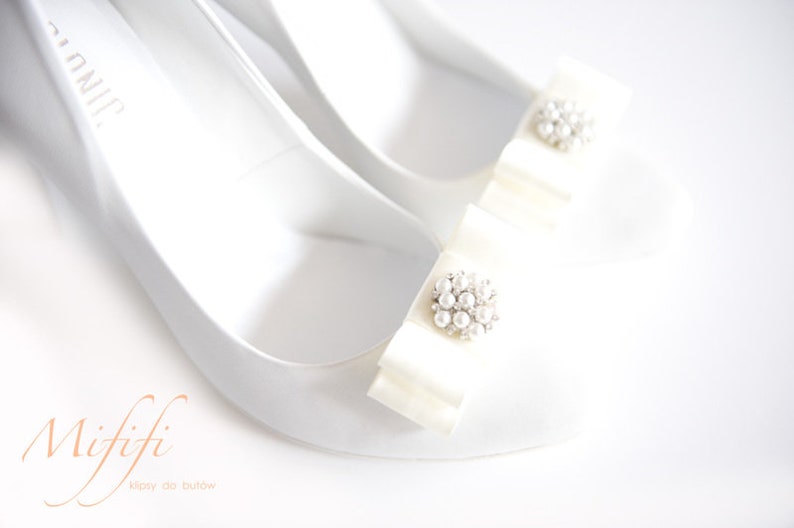 Mififi Shoe Clips Shoeclips Wedding Shoes Cream Bows with Pearls