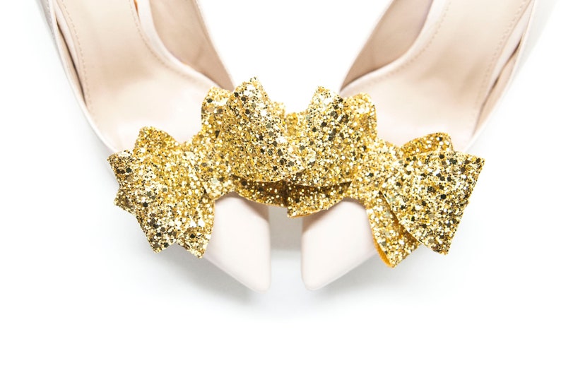 Glitter bows Mififi clips for shoes Wedding shoe clips Bridal shoes Bridal gold shoe clips Gold Brocade 3D Bows Shoe clips