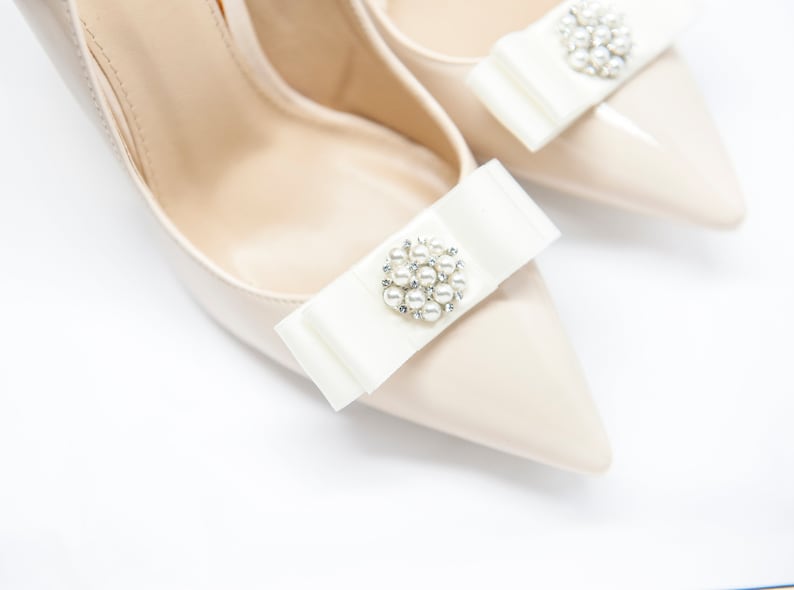 Mififi Shoe Clips Shoeclips Wedding Shoes Cream Bows with Pearls