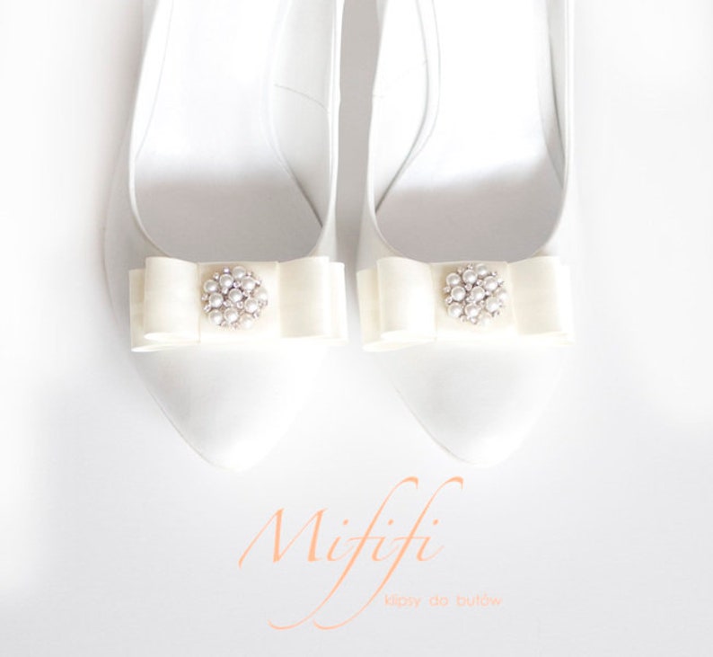 Mififi Shoe Clips Shoeclips Wedding Shoes Cream Bows with Pearls
