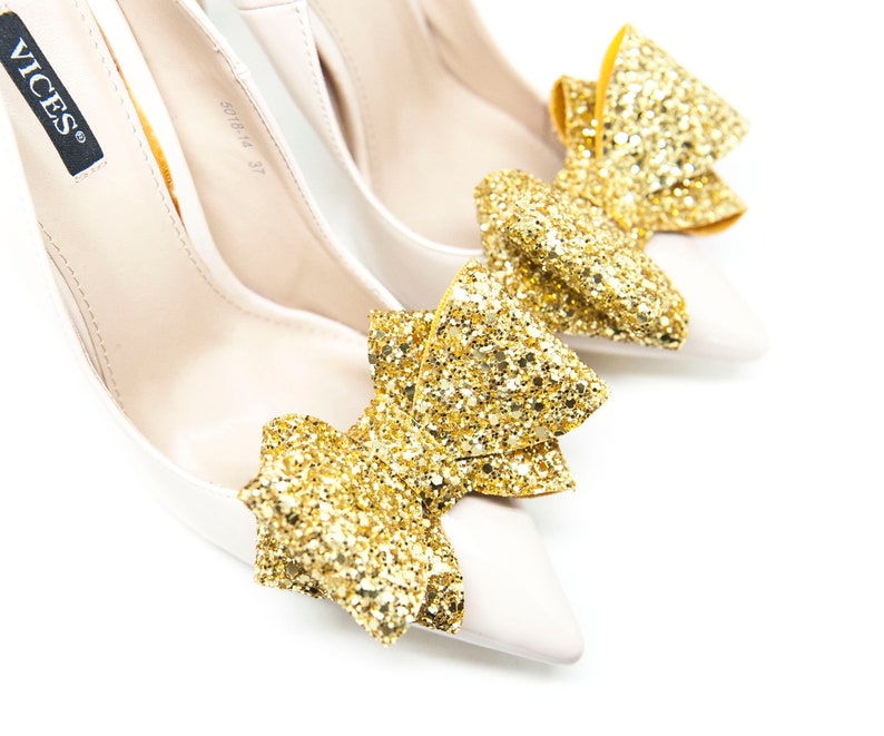 Glitter bows Mififi clips for shoes Wedding shoe clips Bridal shoes Bridal gold shoe clips Gold Brocade 3D Bows Shoe clips