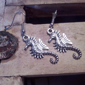 Earrings, pendant or hippocampus key ring old silver