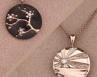 Collar reversible con colgante de flor de cerezo y amanecer (oro de 14 k, diamantes)