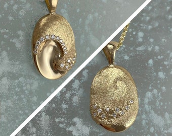 Colgante de ola de diamantes en oro macizo de 14 quilates, collar reversible con océano