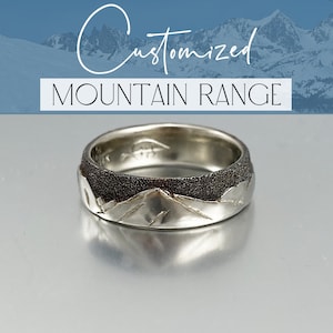 Custom Carved Gold Mountain Wedding Ring with Black Rhodium Plating