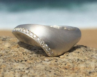 Gold Diamond Wave Engagement Ring, Hand Carved
