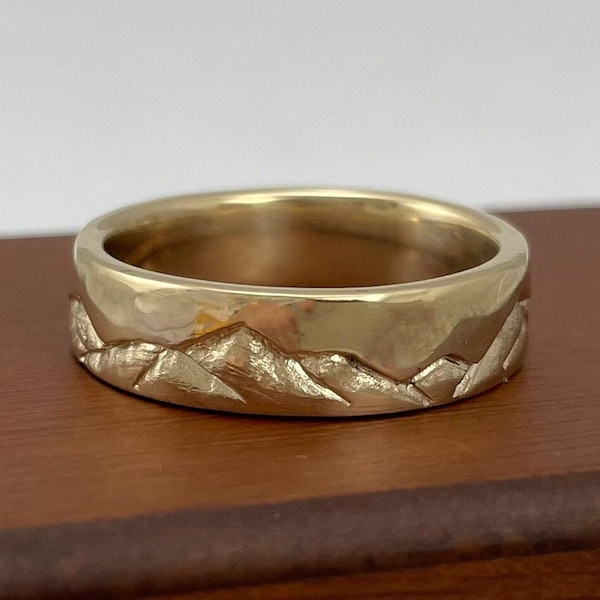 Gold Mountain Wedding Ring with Smooth Sky  / Mens Wedding Ring / Unique Mens Ring / Engagement Ring / Mountain Range Ring / 14k or 18k Gold