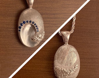 Collar con colgante de ola de zafiro en oro macizo de 14 quilates, hecho a mano