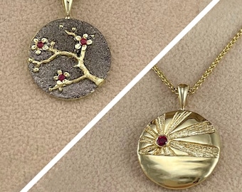 14K Gold Reversible Sakura Cherry Blossom Flowers & Sunrise Pendant Necklace with Diamonds, Sapphires or Rubies, Black Rhodium