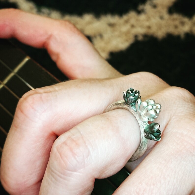 Triple Succulent Ring with Round Florentine Textured Band