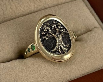 Anillo de oro macizo con el Árbol de la Vida, piedras preciosas tsavoritas, inspirado en la naturaleza (14 o 18 k)