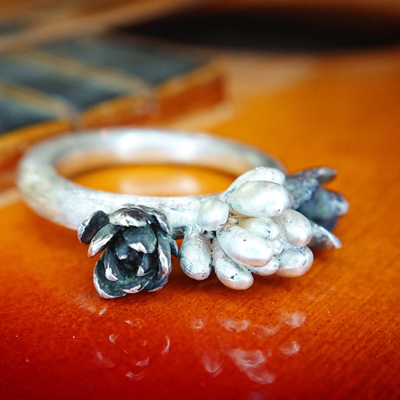 Triple Succulent Ring with Round Florentine Textured Band