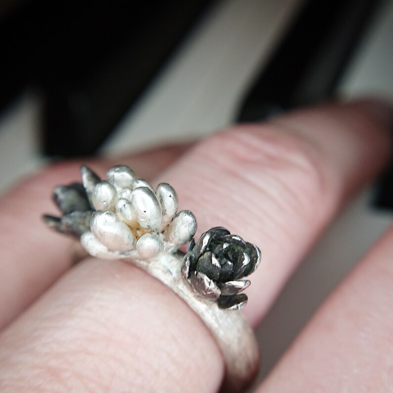 Triple Succulent Ring with Round Florentine Textured Band