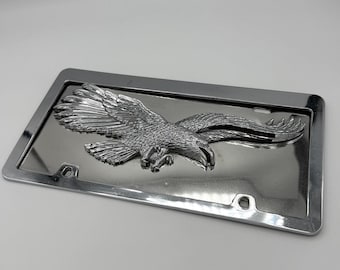 Chrome 3D Flying Eagle License Plate Tag & Frame Auto Decor Stainless Steel