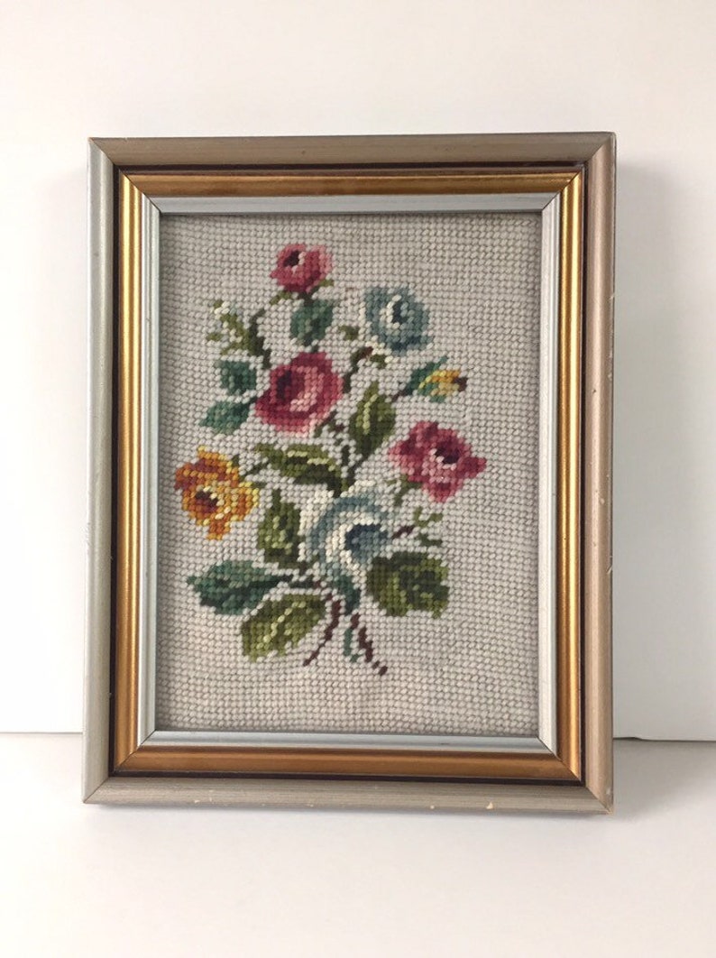 Vintage Floral Needlepoint/vintage Framed Neelepoint Picture/ Framed