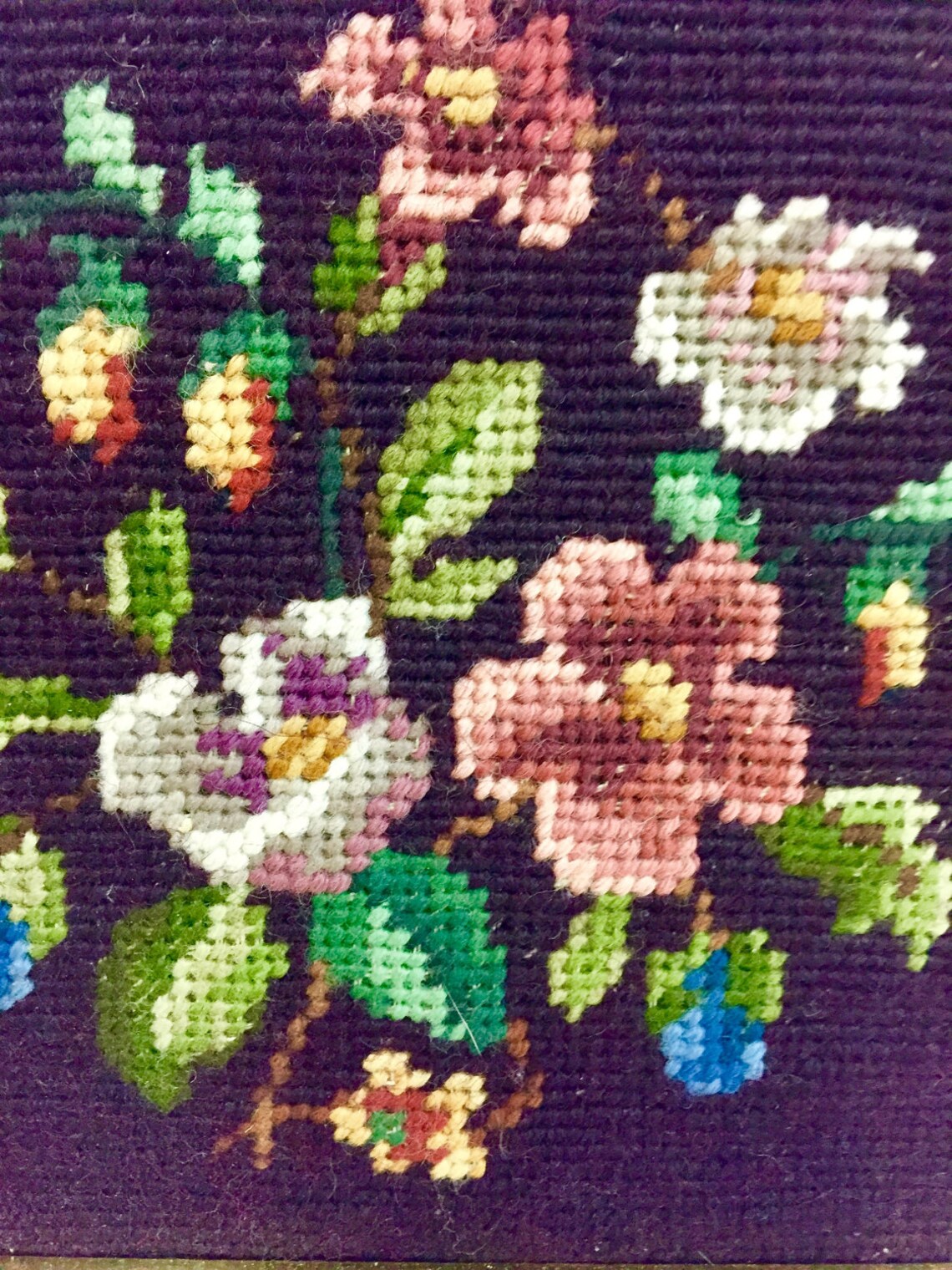 Vintage Floral Needlepoint Wall Art/ Vintage Fiber Art/ Vintage Needlepoint/ Vintage Framed Art