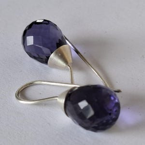 Op de afbeelding: Een paar oorhangers met gefacetteerde, donkerpaarse edelstenen. De druppelvormige edelstenen zijn gezet in zilverkleurig metaal. De oorbellen hebben een eenvoudig, elegant ontwerp.