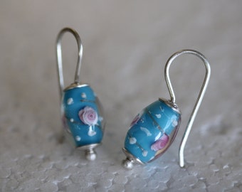 Unique pair of earrings made of 925 sterling silver with handmade glass elements by Frank Schwope, rose, earrings, noble, unique, jewellery