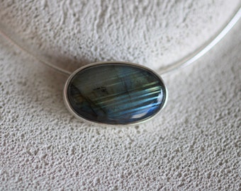 Pendant in solid silver with oval labradorite by Frank Schwope, blue, sky, labradorite, precious stone, gold work, necklace