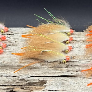 May include: A collection of 10 fly fishing lures with orange, white, and brown feathers. The lures have a variety of colors and patterns.