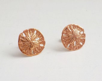 Copper Sand Dollar Stud Earrings, Sterling Silver Posts, Beach Jewelry