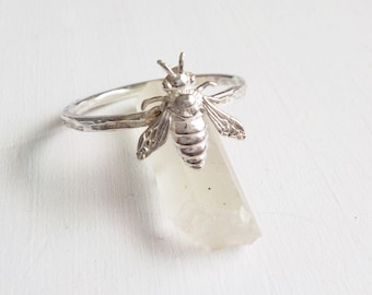 Sterling Silver Bee Ring with Textured Band, Twig  Ring, Bee Stacking Ring