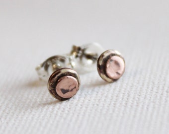 Copper and Oxidized 4mm Brass Sterling Silver Double Hammered Disc Studs, Circle Studs