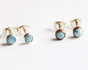 Larimar Cabachon Fine Silver Studs, Dolphin Stone Earrings, Tiny Studs