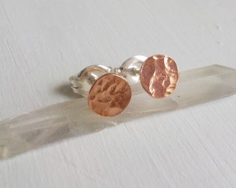 Copper Disc Studs, Sterling Silver Hammered Circle Earrings