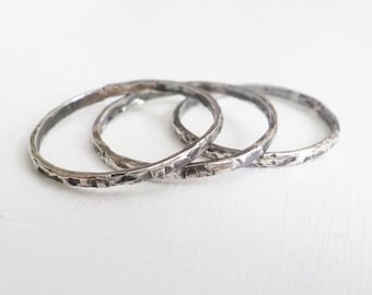 Set Of Three Oxidized Textured Stacking Rings, Sterling Silver Hammered Stacking Rings