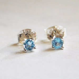 Blue Topaz Sterling Silver Studs, 3mm Dainty Studs, Tiny Studs For Mutiple Piercings, Cartilage Studs