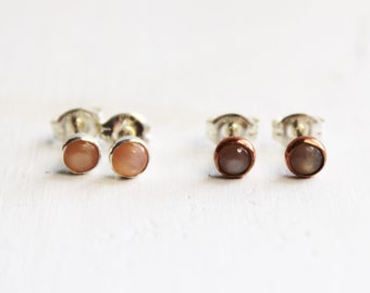 Peach Moonstone Stud Earrings, Fine Silver or Copper, 4mm